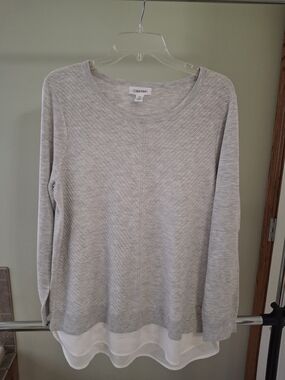 Calvin Klein Heather Gray Knit Sweater with White Layered Hem